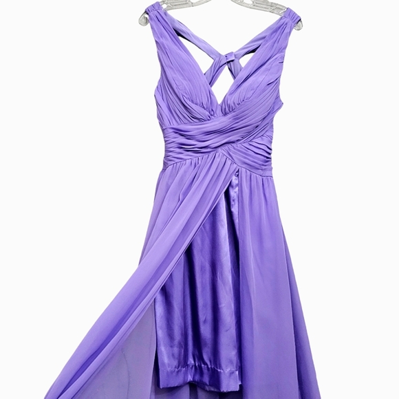 Nwot Hailey by Adrianna Papell Lilac Ruched Emperor Waist Chiffon High Low Gown - Picture 6 of 16